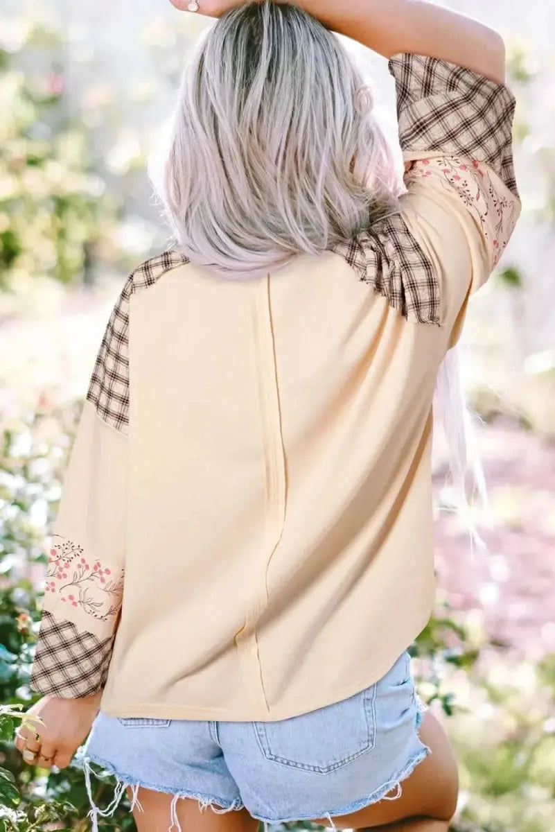 Heart Plaid Round Neck Long Sleeve Blouse - Love Salve